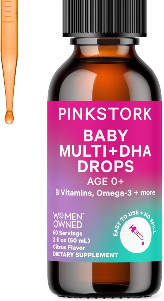 Pink Stork Baby Picături de multivitamine lichide, Baby & Toddler picături de vitamina cu DHA, Vitamina C, D, B12 și colină pentru a sprijini sănătatea creierului și funcția imună - 2 fl oz, 2 lună de aprovizionare