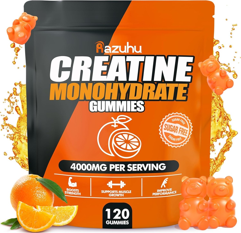 Creatine Monohidrat Gummies pentru bărbaţi şi femei, 4g de Creatină Monohidrat per Serving for Maximum Power, Performance, Sugar Free, Vegan, Pre-Workout Supliment (120 Conte)-Orange
