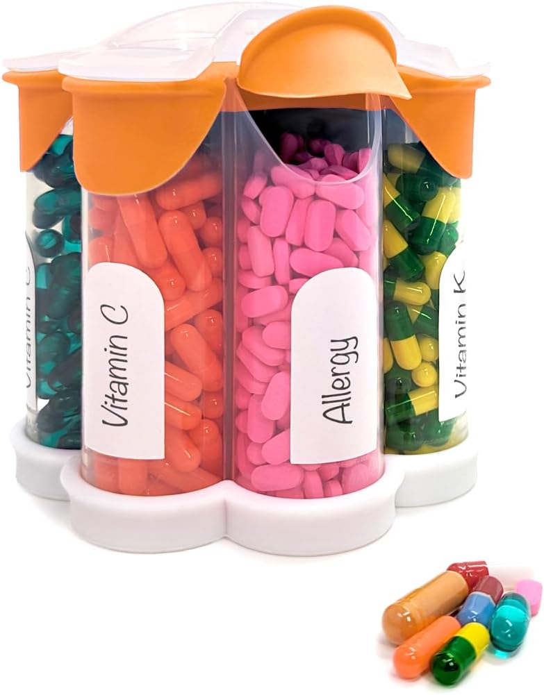 Extra Large Pill Organizator de zi cu zi, Săptămânal, supliment lunar flacon, Dulap cute Blossom Pilula cu 7 XL Compartimente, Easy-Open Pill Box pentru vitamine, medicamente, etichete incluse (Orange)