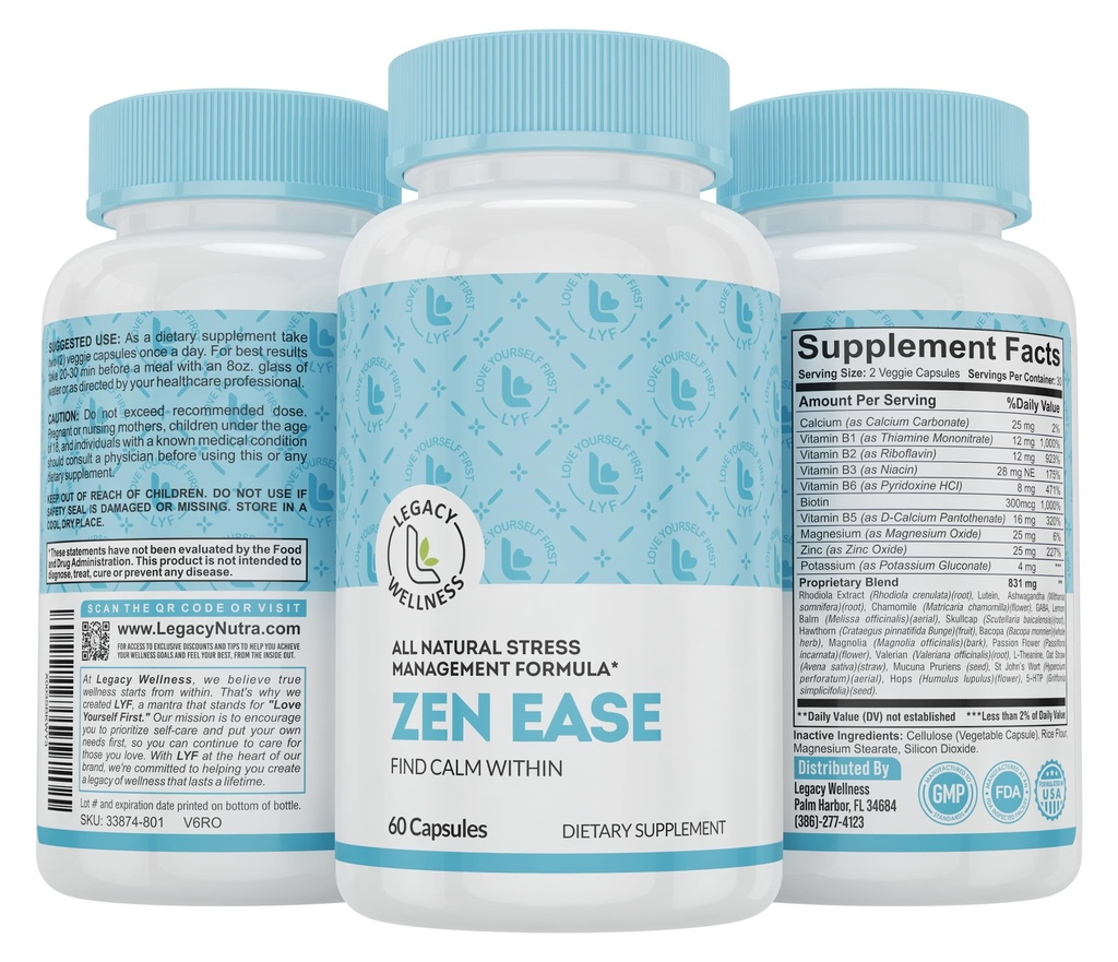 Legacy Wellness Zen Ease calm Minte Supliment - Natural Vegan Formula - 5-HTP, Ashwagandha, St John's Wort, L-Theanin, Magneziu, B-Vitamina - Capsule pentru a promova un sentiment bun de pace