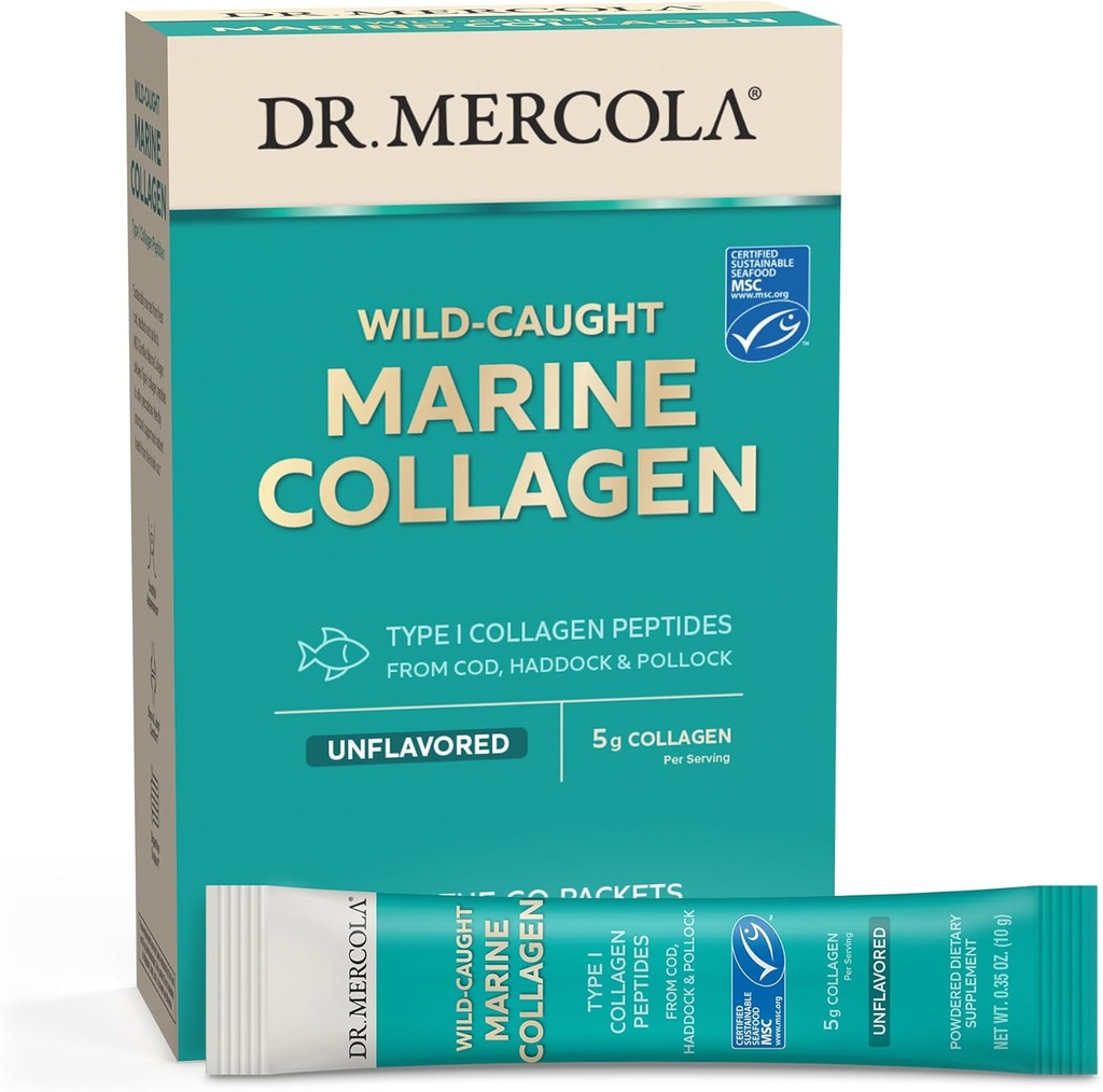 Dr. Mercola Marine Colagen Powder Packets, 5g Colagen Per Serving, 15 Servings (15 on-The-go Packets), Powdered Dietary Supplement, Unflavored, Tip 1 Colagen Peptides din Cod, Haddock & Pollock