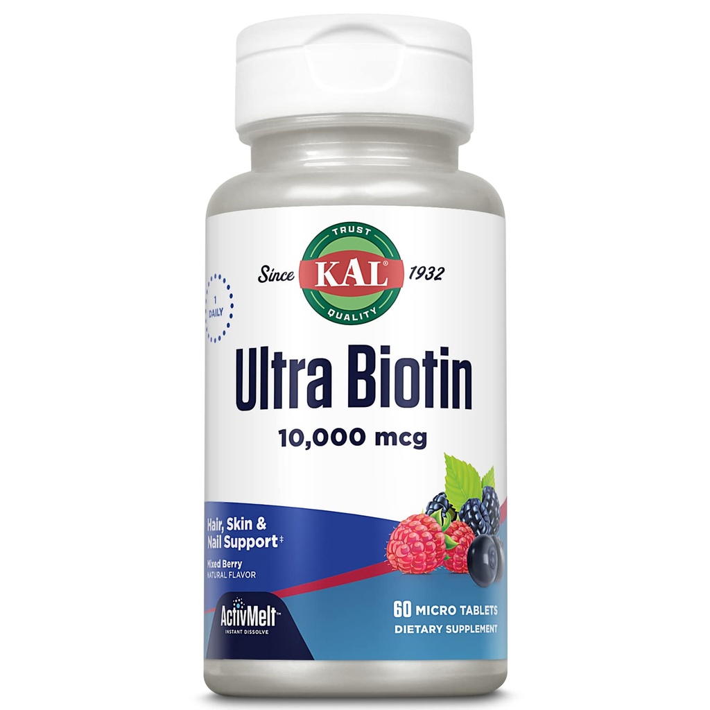 KAL Ultra Biotin 10000mcg ActivMelt, Suplimentul de crestere a parului, vitamina B7 mare potenta pentru par sanatos, piele, nails si suport energetic, Vegetarian, naturale mixt aroma Berry, 60 Serv, 60 Micro tablete