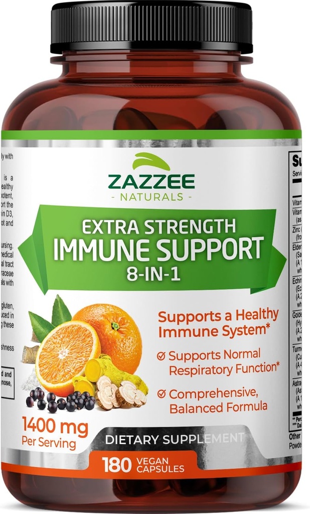 Zazzee Extra Force 8-in-1 Immune Support, 1400 mg per capsule, 180 capsule Vegane, 1000 mg vitamina C, 1000 UI D3, Zinc, Elderberry, Echinacea, Goldenseal, Turmeric, Astragalus, Made in the USA