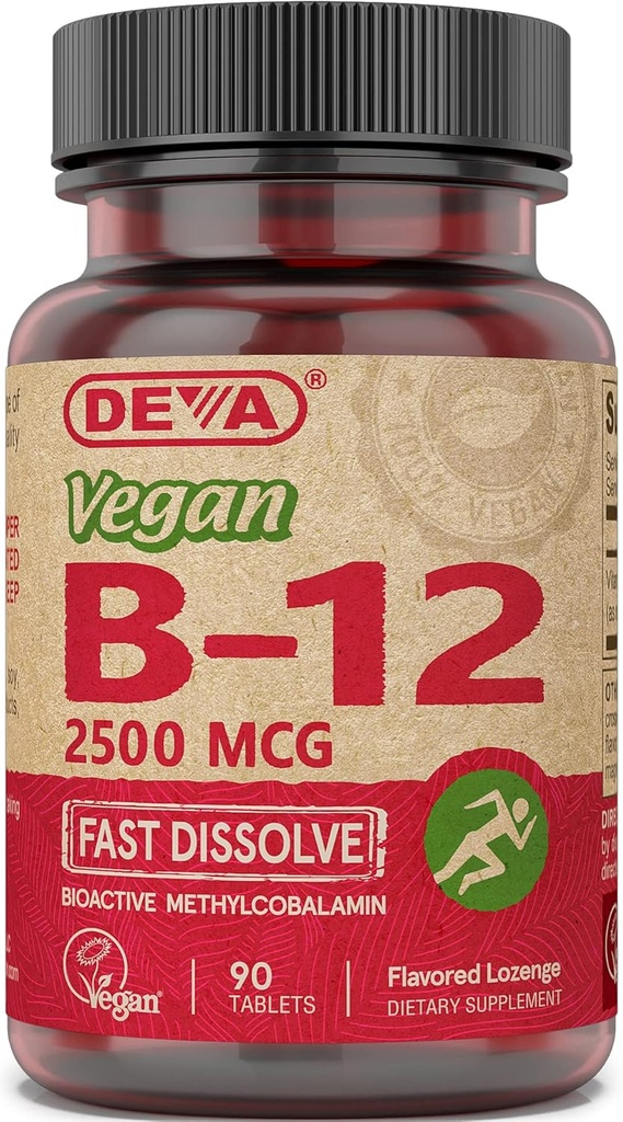 Deva Vegan Vitamine B-12, Mare Potenta 2500 mcg B12, Dizolvare rapida, Sublingual, 90 comprimate (Pachet de 3)