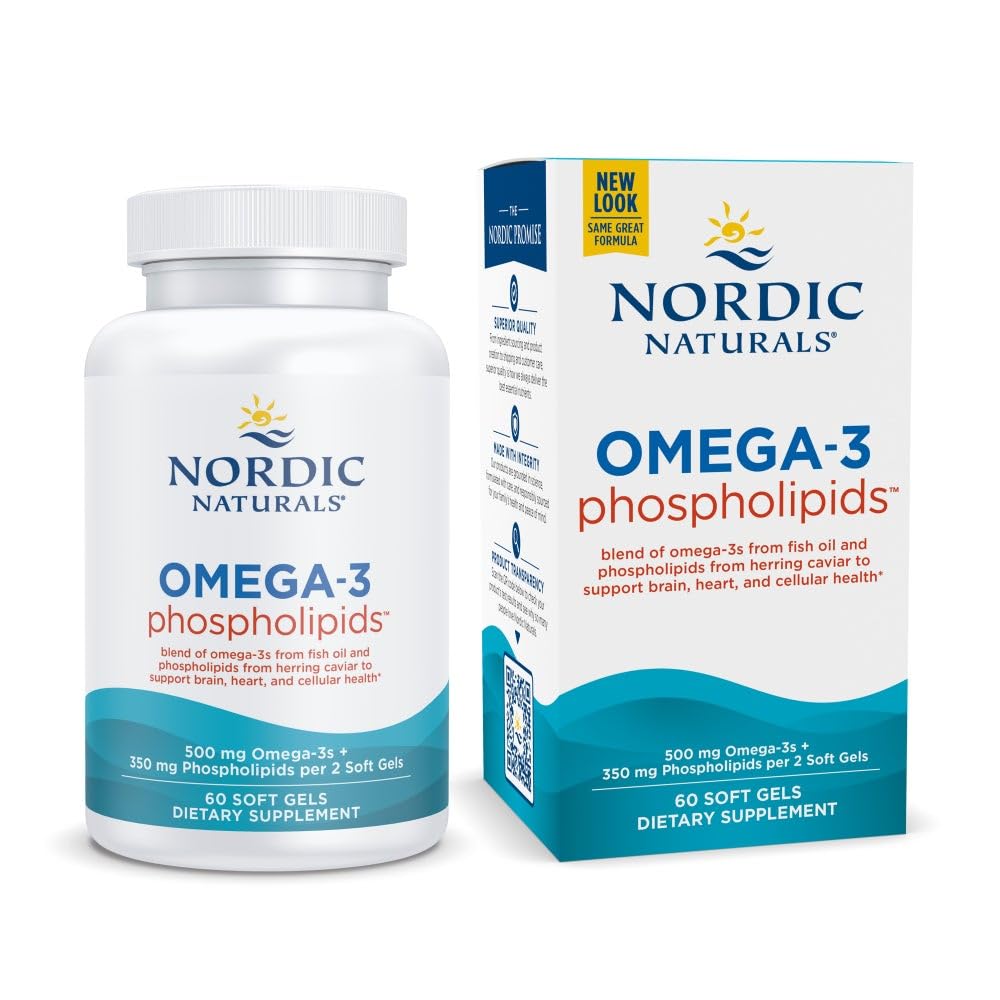 Naturale nordice Omega-3 Fosfolipide, nearomatizate - 60 Geluri moi - 500 mg Omega-3 & 350 mg Fosfolipide - Heart & Brain Health - mici, Easy-to-Swallow Soft Gels - Non-GMO - 30 Servings