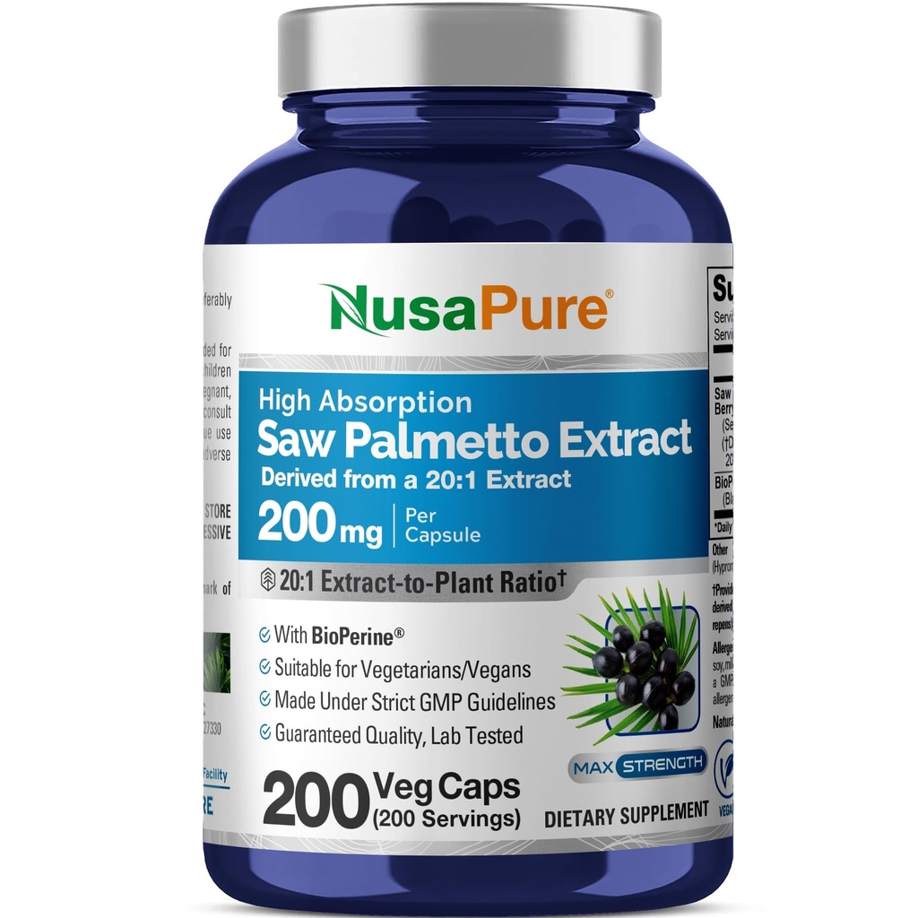 NusaPure Saw Palmetto 20:1 Extract, 200 mg echivalent cu 4.000 mg per Veggie Caps 200 Conte non-GMO, Vegan, Vegetarian, Bioperine