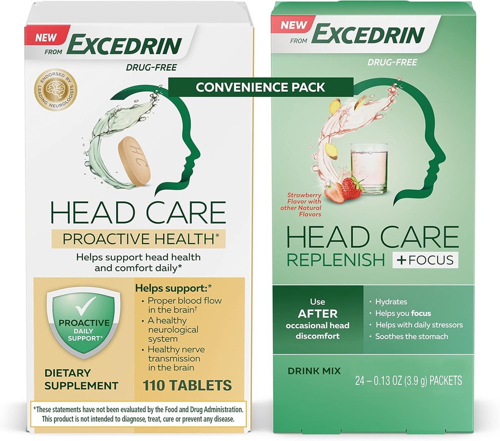 Excedrin Head Care Proactiv Health Dietary Supplement - 110 Conte și îngrijire cap Replenish Plus Focus Drink Mix din 24 Pachete Convenience Pack