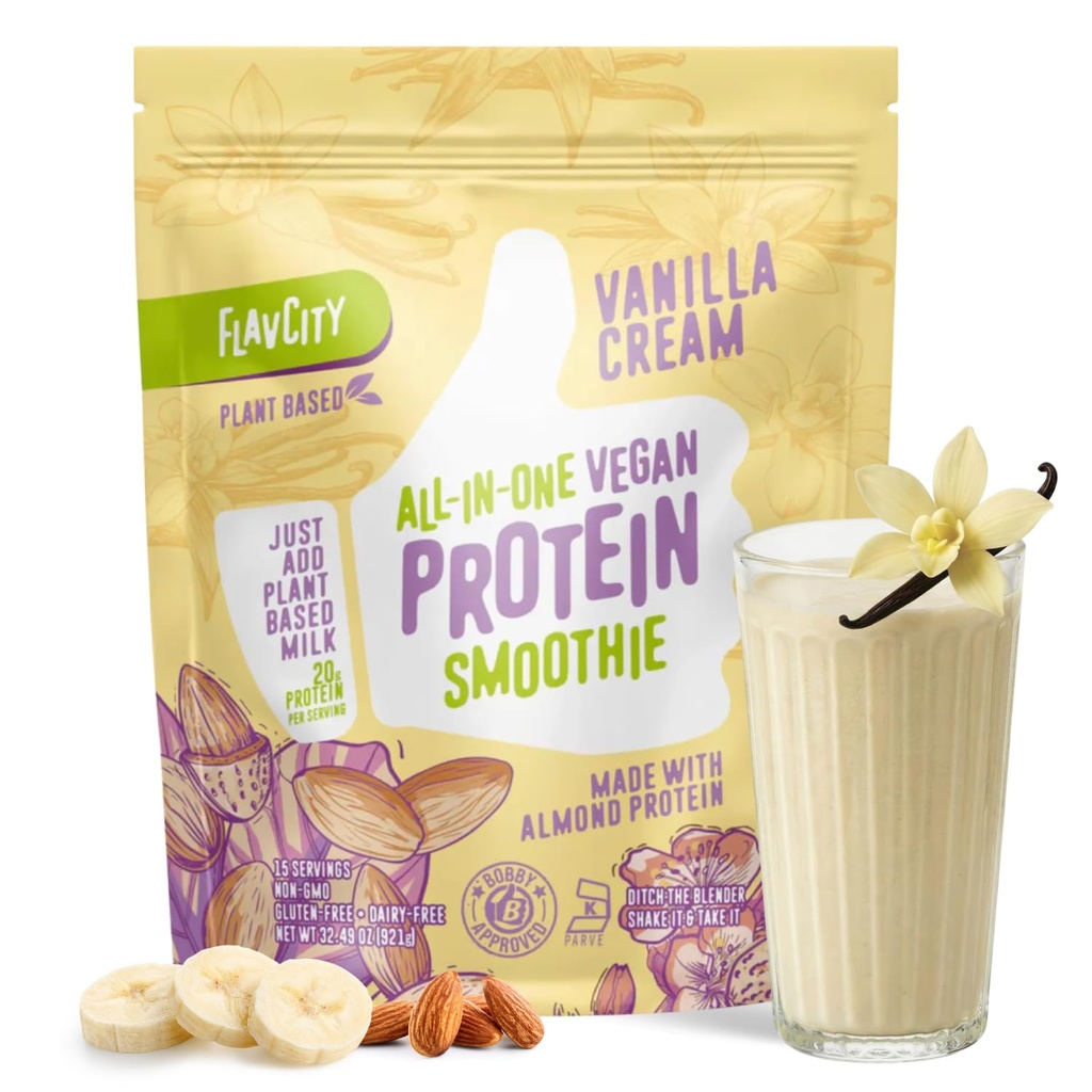 FlavCity All-in-One Vegan Pudră de proteine Smoothie, Vanilie - Plant-Based Pre-Workout Masa Shake pentru femei și bărbați Made with 20g of Almond Proteine - Gluten Free & Dairy-Free