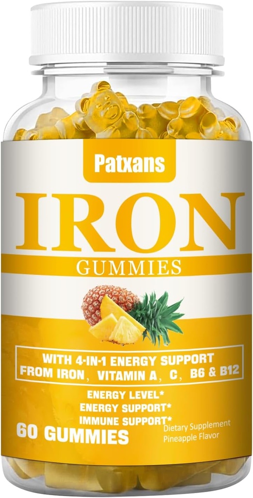 1 pachet 100MG Supliment de fier Gummie pentru femei si barbati - cu vitamina A, C, B - Suport energetic pentru deficienta de fier, Anemia, Adulti & copii, Ananas Aroma Gummy, 60ct.