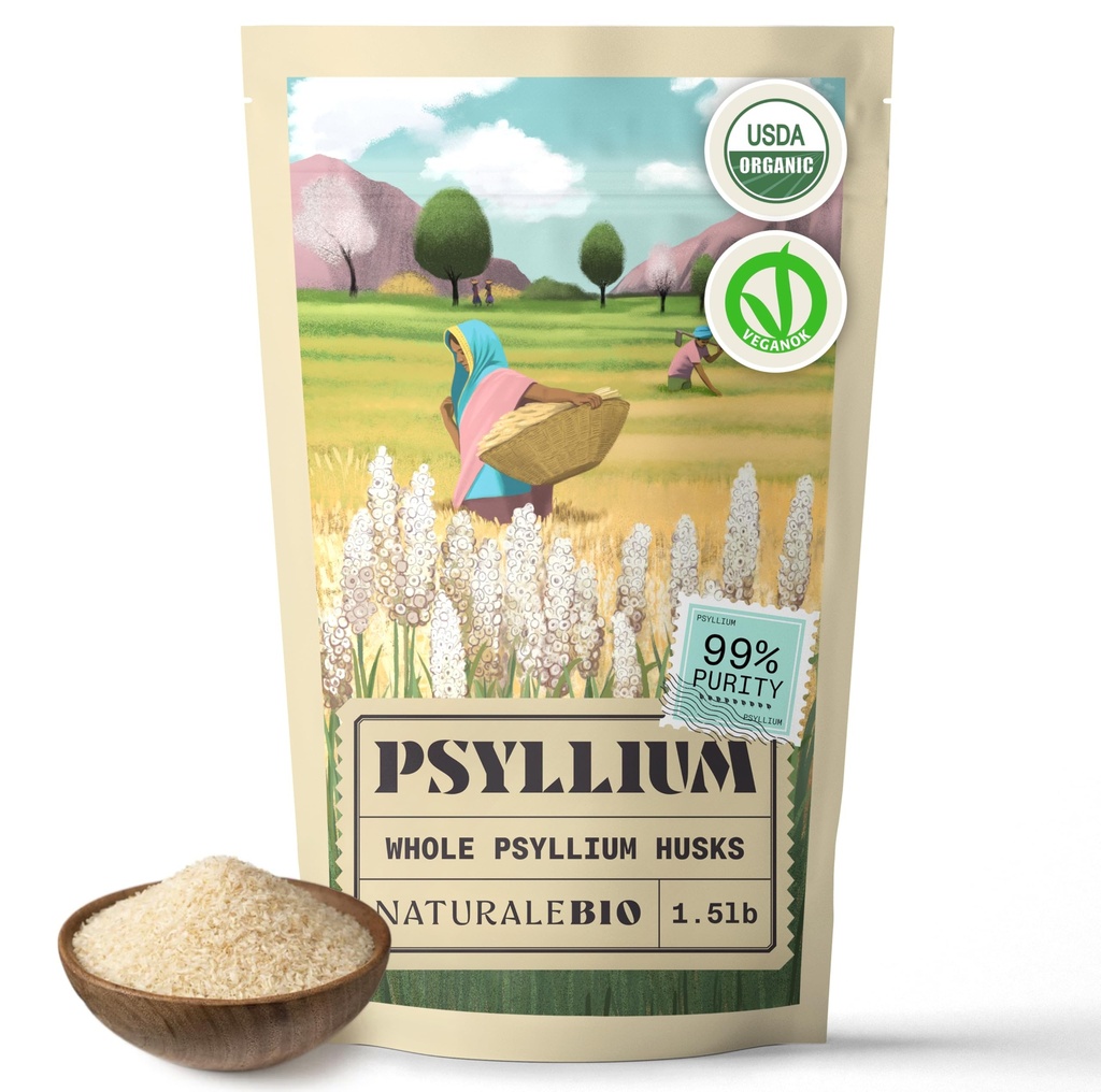 NaturaleBio Whole Psyllium Husk. 1.5lbs. 99% Pure Psyllium Seed Husks. Suplimentul Fibra Naturală. USDA Organic Certified. Produs în India. Gluten Free, Keto, Paleo, Vegan Diets. Probiotice