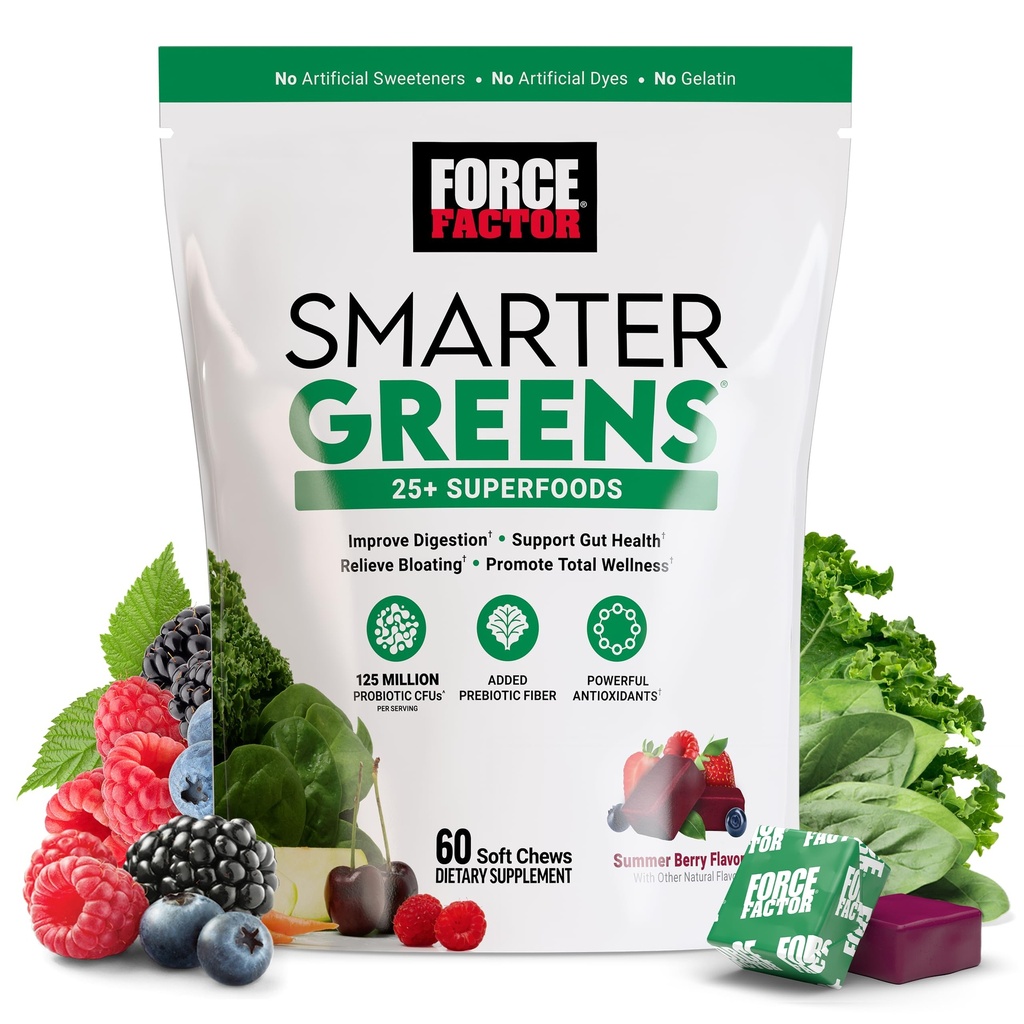 Force FACTOR Greens mai inteligente Superfood Chews, Verzi și Superfoods cu Probiotice, Antioxidanți, și Fibră, Greens Supliment pentru a sprijini Digestion, Nitric oxid, și energie, 60 Chews moale