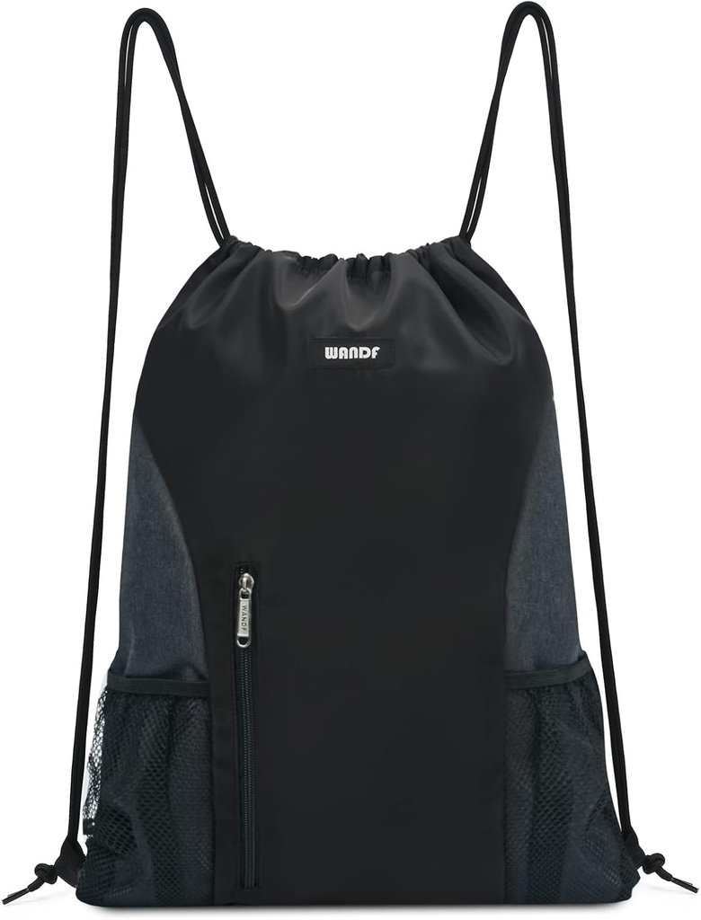 WANDF drawstring Rucsac Sports Gym Sackpack cu Mesh Pockets Sac rezistent la apă pentru bărbați femei (negru)