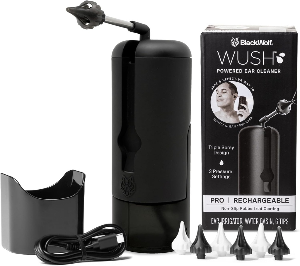 Wush Pro de Black Wolf- Deluxe apă de curățare urechi- Setările electrice triple Jet Stream 3 presiune pentru Build de ceară ureche- Kit de îndepărtare a urechii - Resistant de apă USB Reîncărcabil