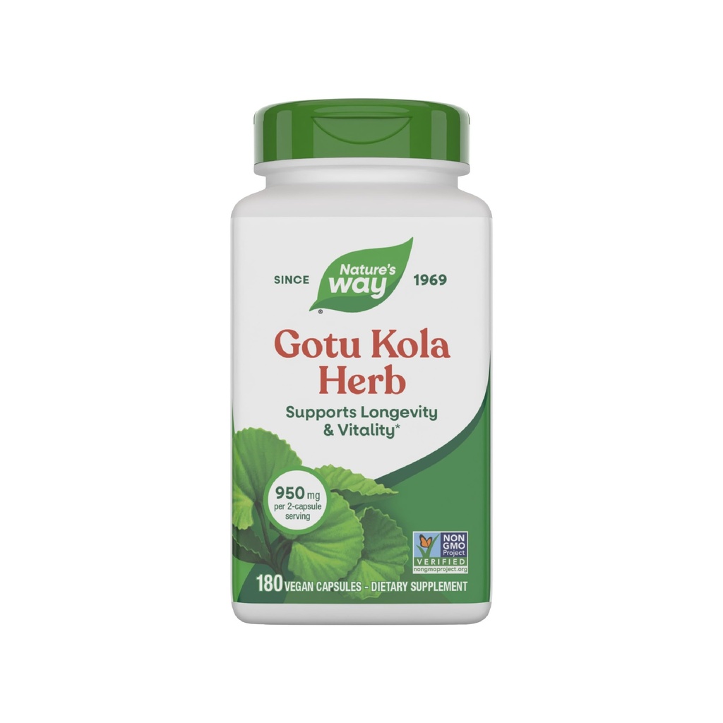 Natura's Way Gotu Kola Herb, sprijină longevitatea și vitalitatea*, 950 mg per 2-Capsule Serving, non-GMO proiect verificat, 180 capsule (Packing May Vary)