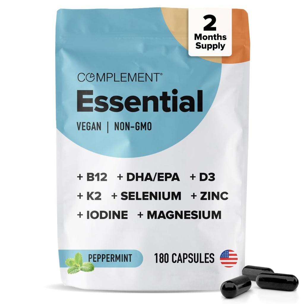 Complement Essential Vegan Multivitamine pentru bărbaţi şi femei (60 Servings, 180 Capsule) cu Omega-3 DHA & EPA, B12, Vitamina D3 & K2, Zinc, Seleniu, Magneziu, Iod - Susţine imunitatea şi sănătatea generală