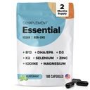 Complement Essential Vegan Multivitamine pentru bărbaţi şi femei (60 Servings, 180 Capsule) cu Omega-3 DHA & EPA, B12, Vitamina D3 & K2, Zinc, Seleniu, Magneziu, Iod - Susţine imunitatea şi sănătatea generală