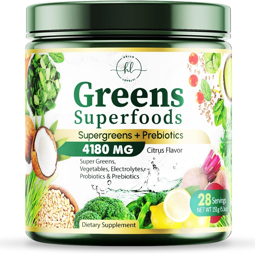 Greens Powder Superfood - Premium Organic Super Greens Juice Powder - Packed with Probiotics, Wheat Grass, Enzime, Spirulina, Chlorella for Digestive & Gut Health, Smoothie Drink Mix - 28 Servings