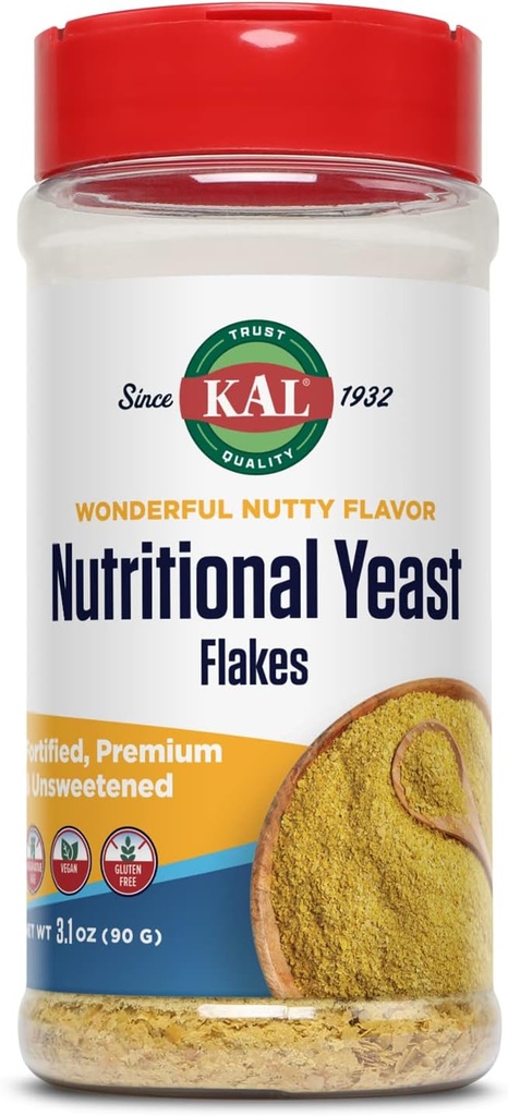KAL Nutritional Yeast Flakes, Fortified with B12, Folic Acid & Other B Vitamins, Neîndulcit, Great Nutty Flavor, Vegan & Gluten Free, 60-Day Money Back Guarantee, Made in the USA, 20 Servings, 3.1oz