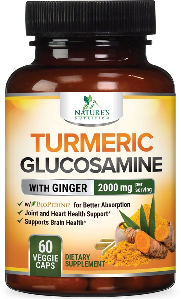 Curcumina 2000mg - 95% Curcuminoide cu glucosamină, Ginger & MSM, BioPerine Black Pepper pentru cea mai bună absorbţie, Nature's Vegan Joint Support, Non-GMO, îmbuteliat în SUA - 60 capsule