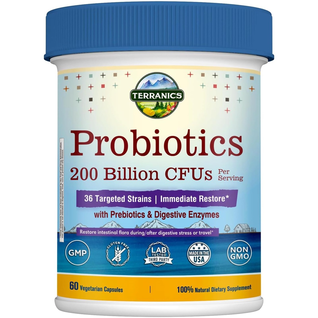 Terranics Daily Probiotics for Men & Women, 200 Billion 36 Strains Restore Probiotics, with Prebiotics & Enzimes, Healthy Regularity, Intarzied Release, Perioada de valabilitate Stable, 60 Veggie Caps