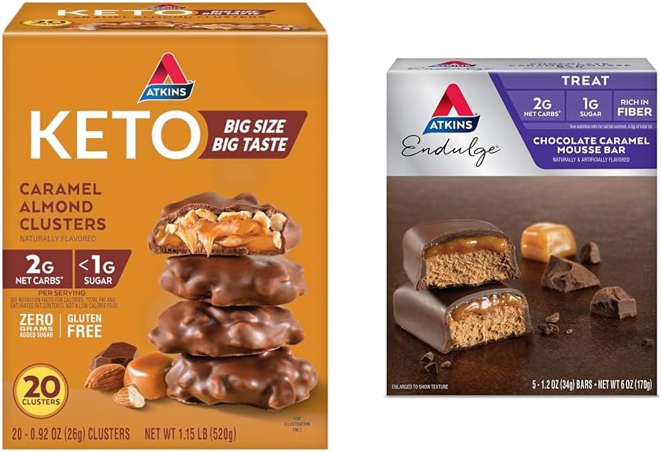 Atkins Caramel Almond Clusters, Gluten Free, High in Fiber, 1g Sugar, 2g Net Carb, Keto Friendly, 20 Conte & Endure Chocolate Caramel Mousse Bar, Desert Favorite, 1g Sugar, High in Fiber, 5 Conte