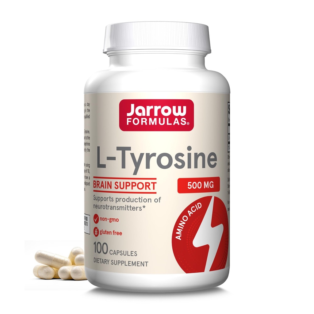 Jarrow Formulas® L-Tyrosine 500 mg, Dietary Supplement, Amino Acid Supplement for Brain Health Support, 100 Capsule, 100 zile de aprovizionare
