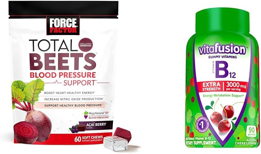 Force Factor Total Beets Suportul pentru presiunea sângelui cu extract de semințe de struguri și Vitafusion Putere suplimentară B12 pentru energie, Gume aromate de cireșe