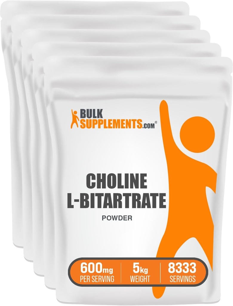 BulkSupplements.com Choline Bitartrate Powder - as Choline L-Bitartrate, Choline Supplement - Gluten Free, 600mg per Serving, 5kg (11 lbs) (Pachet de 5)