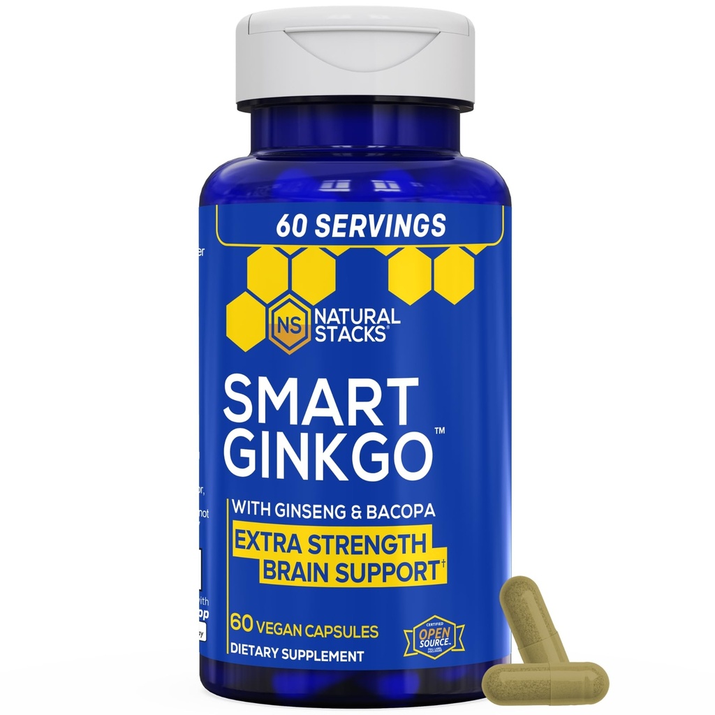 Natural STACKS Ginkgo Biloba Supliment cu 200mg Panax Ginseng & 200mg Bacopa Monnieri - Suplimente pentru creier pentru memorie si focus - Korean Ginseng pentru Brain Health Support - 60 Ginkgo Biloba Capsule