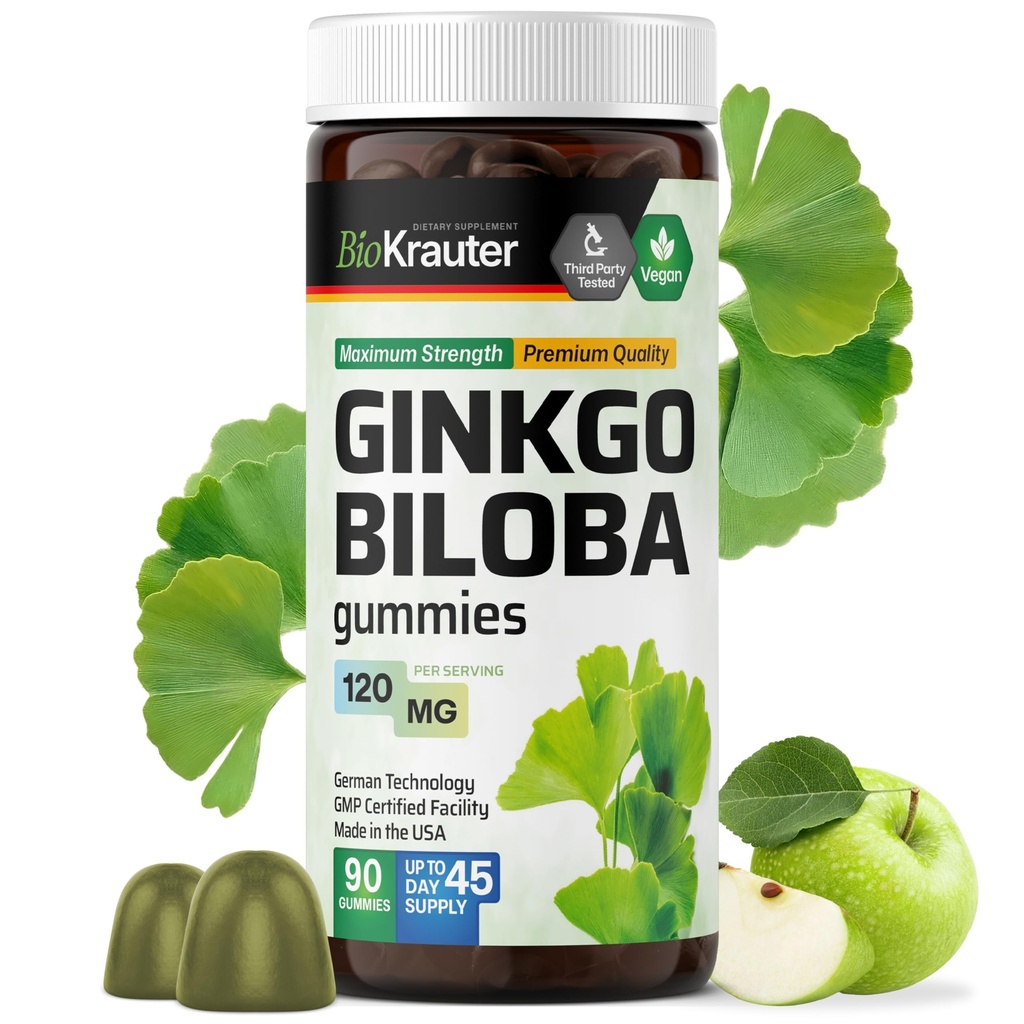 BIO KRAUTER Ginkgo Biloba Gummies - 90 Vegan Chews - Ginkgo Biloba Suplimente pentru Brain Support - 120 mg Extract standardizat - Pectin-Based Formula