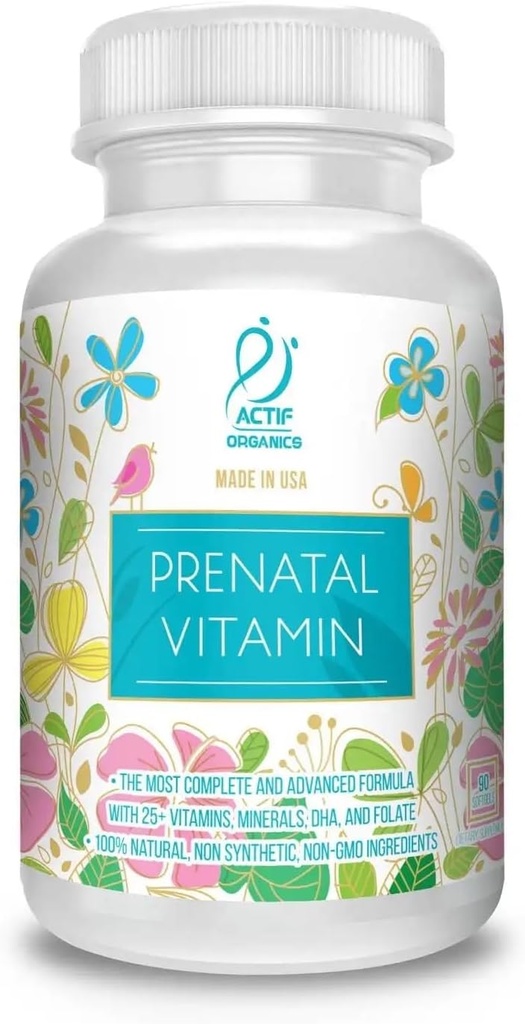 ACTIF Vitamină organică prenatală cu 30+ vitamine organice, 100% naturale, DHA, EPA, Omega 3, și amestec organic de plante - non-GMO, 45 Serviri