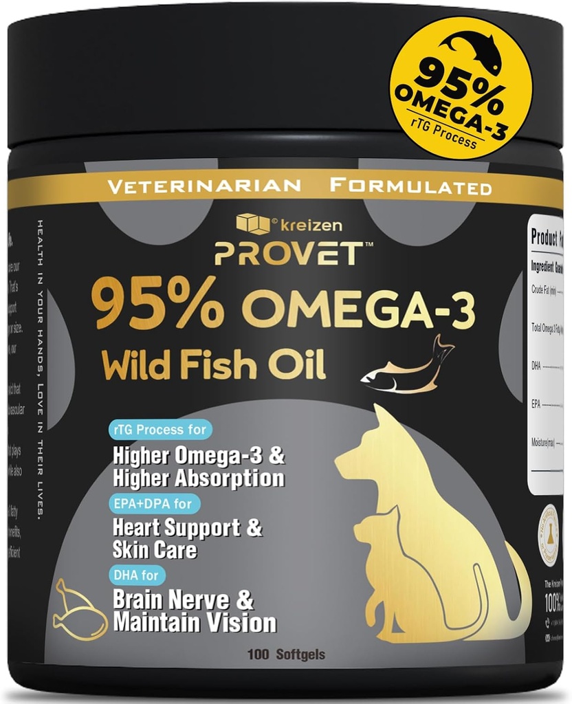 95% Omega 3 ulei de pește pentru câini și pisici, Vet-Formulat cu RTG ulei de somon prelucrate, EPA maxim & DHA, suporta inima, piele, haina, comun, Heart & Immune Health, 100 Geluri moi