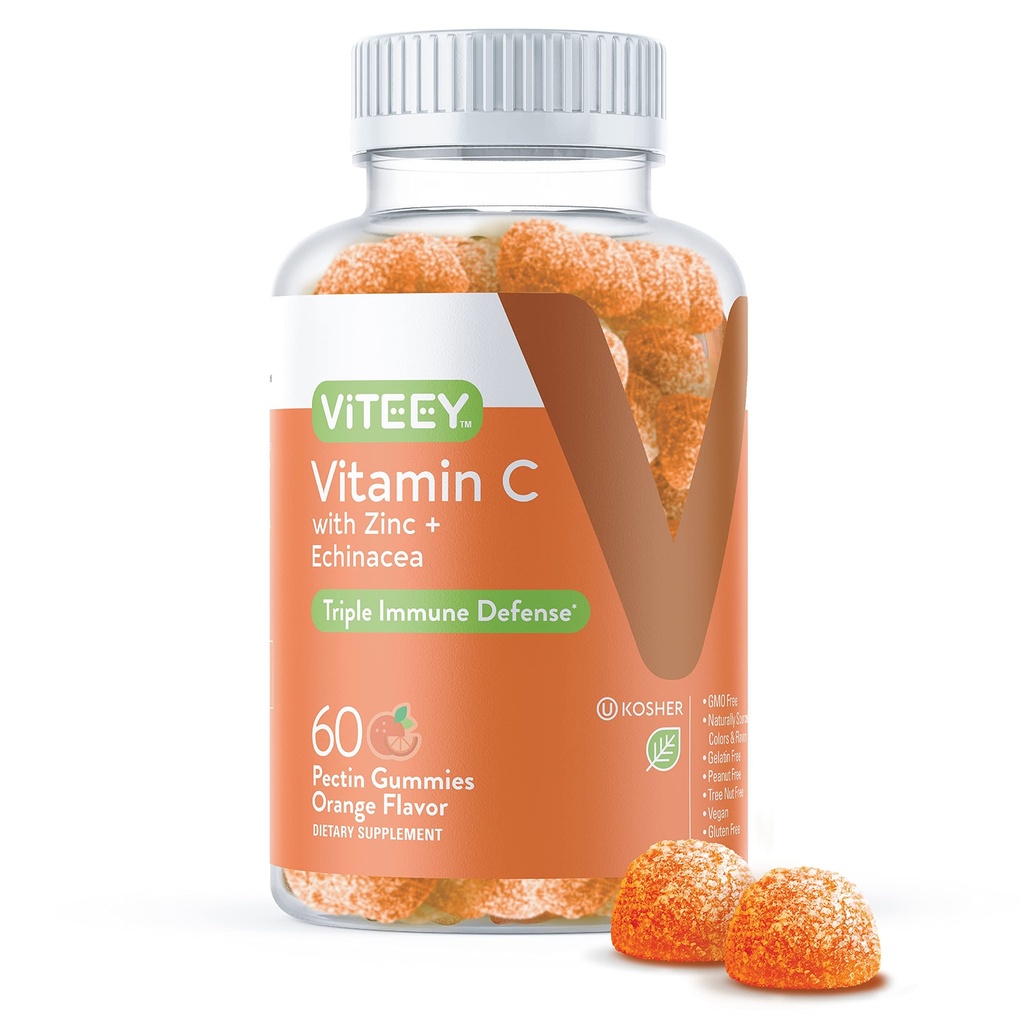Gume de vitamina C Viteey pentru adulți și adolescenți cu Zinc & Echinacea - Gume de sprijin imun - Vegan, Gelatină liber, gluten gratuit, OMG-uri gratuit - Guma de portocale mestecate gustoase