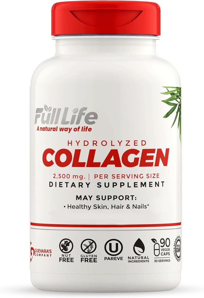 Full Life Hidrolized Colagen Suplimente - Pastile bovine Colagen pentru femei și bărbați - Capsule Kosher Colagen, Gluten-Free - 90 Capsule Veggie 2.500mg