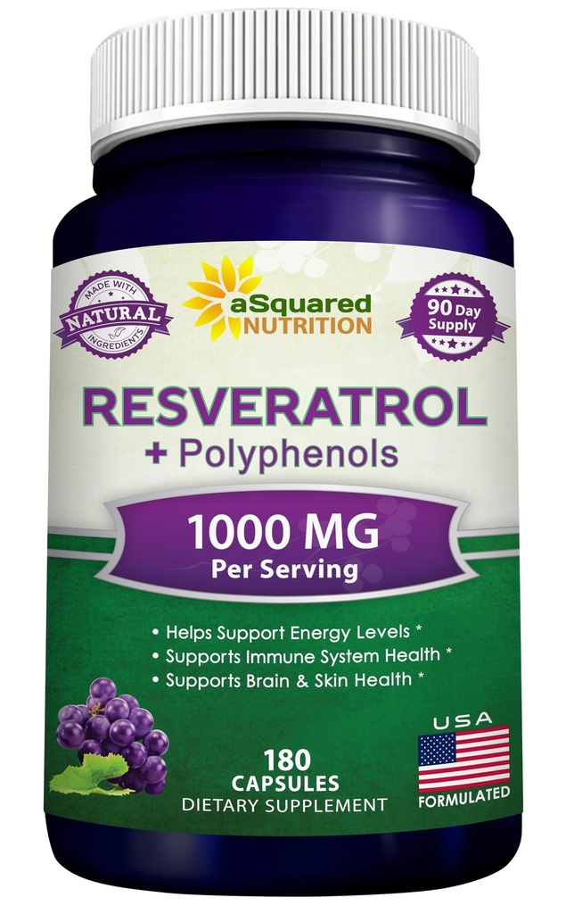 aSquared Nutrition Natural Resveratrol cu extract de vin roșu - 180 capsule - Trans Resveratrol pastile antioxidante supliment pentru sănătatea inimii pure - Extra Putere Trans-Resveratrol