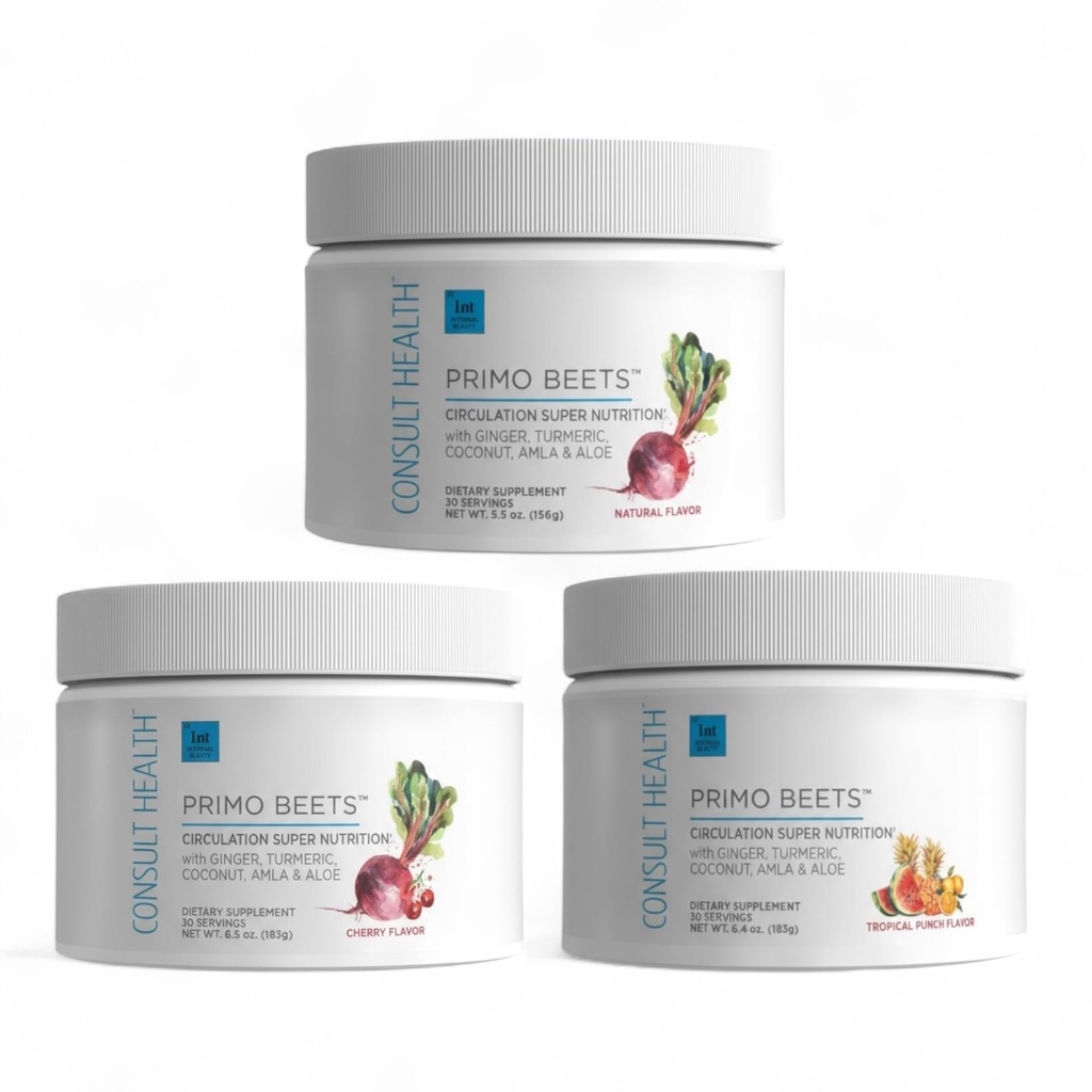 Consultați sănătate Primo Beets Beet Root Powder Drink Mix cu nitrați, Daily Circulation Support with Ginger and Turmeric, 3 Pack of Flavors, Cherry, Blueberry and Strawberry Lemonade 6.5 oz Fiecare