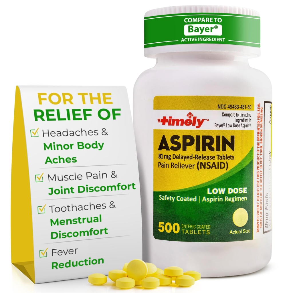 Doza scăzută de aspirină 81 mg pentru adulţi - Durere Reliever pentru Reducere Mici Dureri & Febră - Comparativ cu Ingredientul activ din Bayer - Aspirină acoperită enterică cu concentraţie scăzută - 500 comprimate
