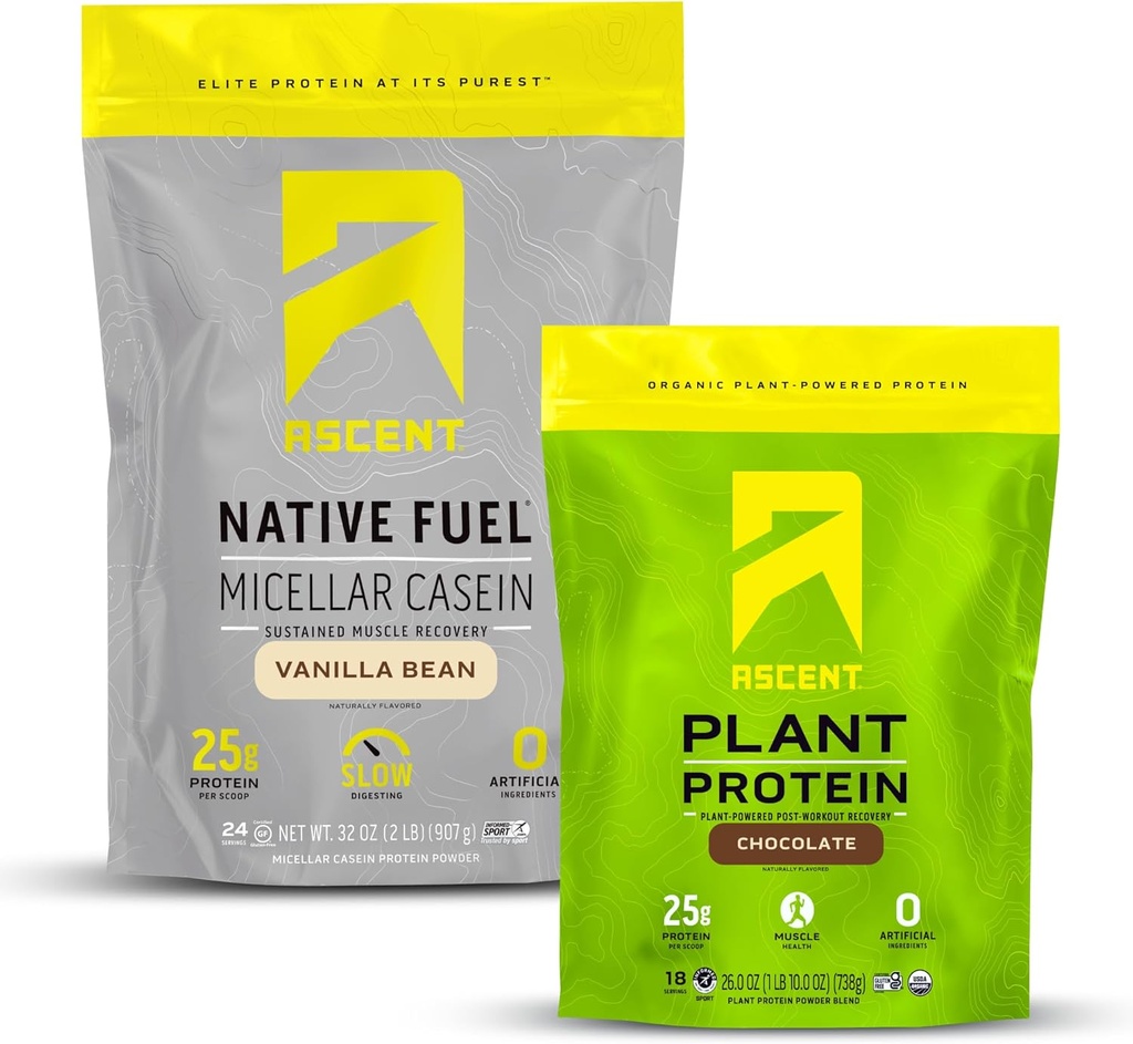 Ascens Casein Pudră de proteine Vanilie Bean 2 lb şi plantă Pulbere de proteine Ciocolată 18 Serviri
