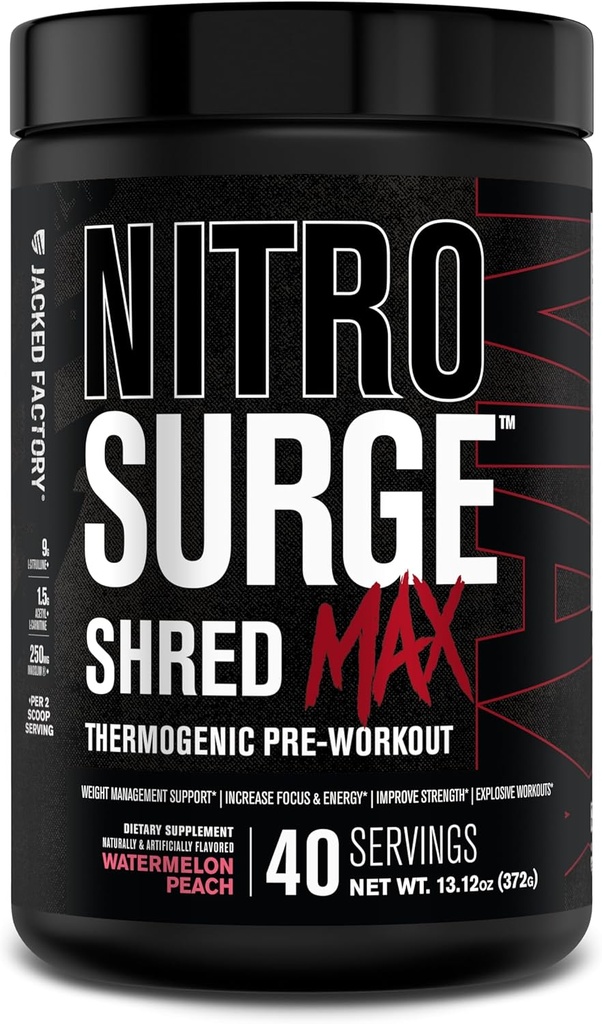 Fabrica Jacked Nitrosurge Shred Max Preworkout - Pudră termogenică de antrenament pentru bărbați și femei - L Citrulină, Acetil L Carnitină, Cafeină organică - 40 Serviri, Pepene Peach