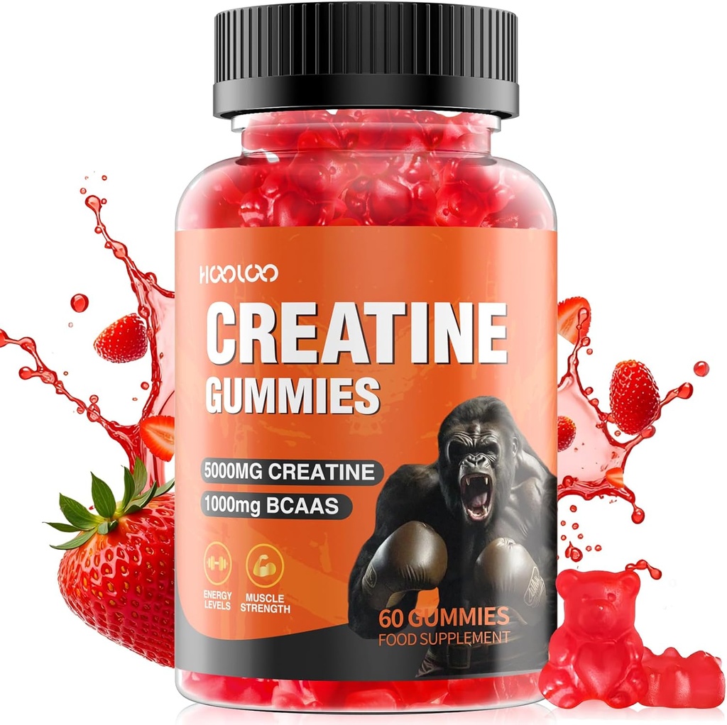 HOOLOO Creatine Gummies 5000mg Creatin Monohidrat, 1000mg BCAAs per Serving - Chemable Vegan Sugar Free Gummies, Aroma de căpșuni (1 lună de aprovizionare)