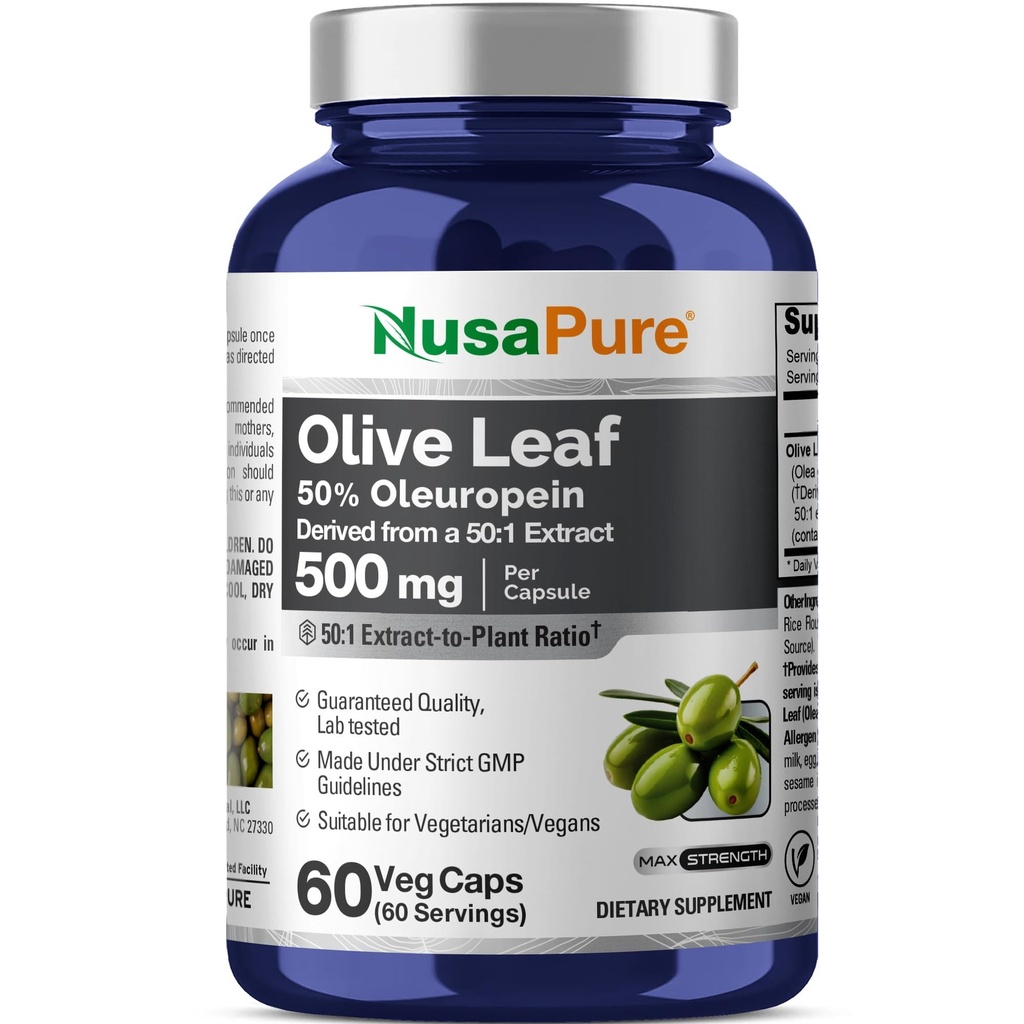 NusaPure Olive Leaf 50:1 Extract, 500 mg echivalent cu 25,000 mg - 50% Oleuropein Vegan/Vegetarian - Super Putere Nu Ulei 60 Capsule