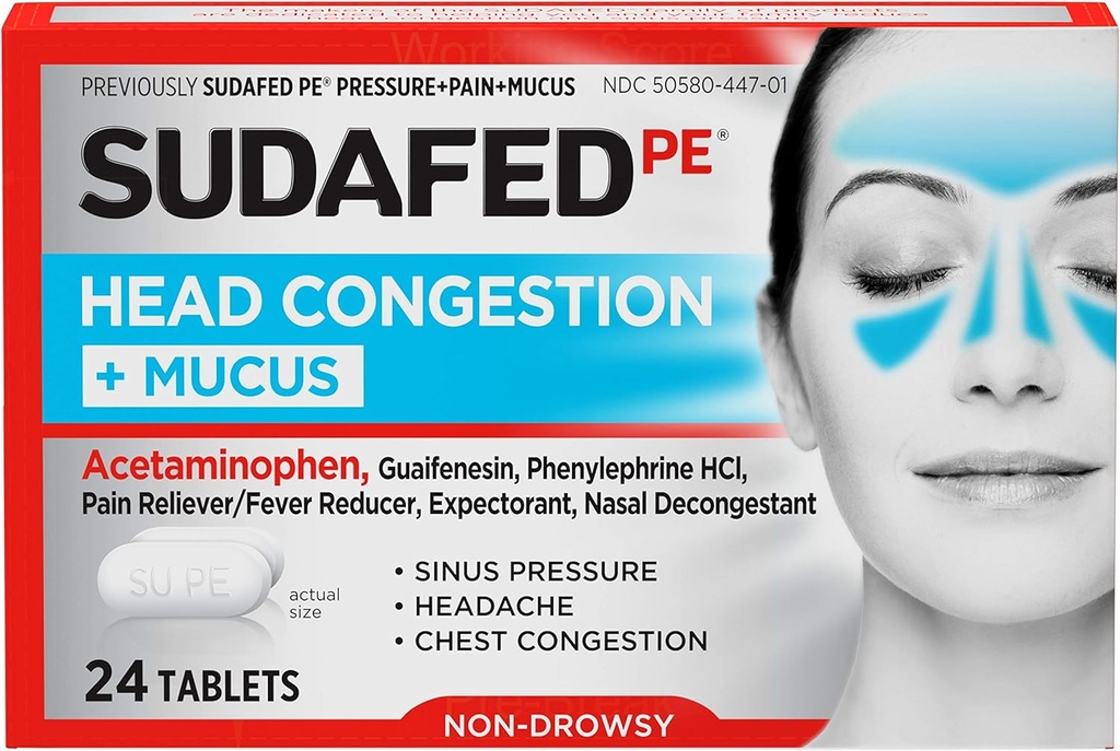 Congestia de cap de PE udaţi + Tablete Mucus pentru presiune sinusală, durere şi congestie, 24 ct