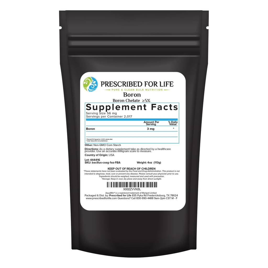 Prescris pentru viață Bor Chelat 5% pulbere, Supliment Bor natural pentru bărbați și femei, Gluten gratuit, Vegan, Non OMG (113g)