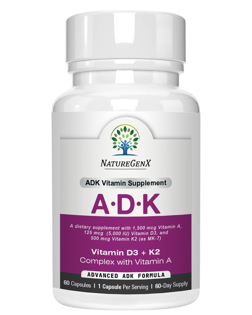 ADK Suplimentul de vitamine 5000 UI - Vitamine de mare potenta A, D3 si K2 pentru sanatatea osoasa si absorbtie de calciu 
