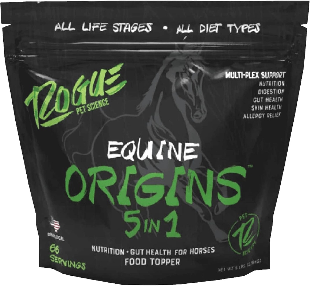 ROGUE PET SCIENCE Origins 5-in-1 Horse Supplement - Pelleted Equine Food Topper w/Natural Omega 3 Fish Oil - Supports Gut Health, Ulcer Relief & Joints-Ajută Alergiile, Skin and Coat Health (5 lbs)