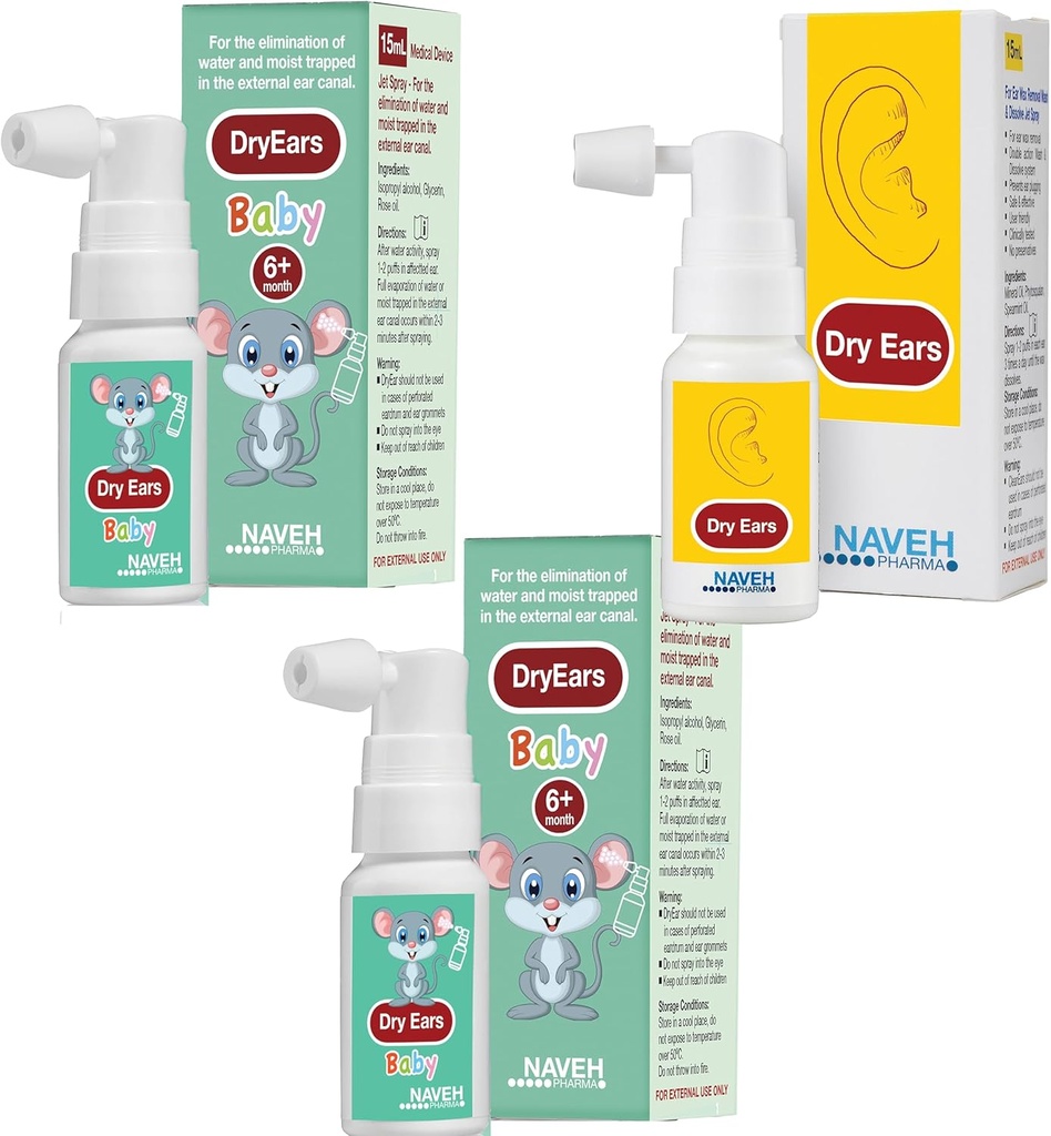 NAVEH PHARMA (2 unităţi de urechi uscate de 0,5oz + 1 unităţi Ureche uscată 1 oz) - picături de spray pentru urechi înotătoare - picături de uscare a urechii pentru adulţi şi copii/depărtaţi de apă prinşi în urechi şi preveniţi, infecţie,