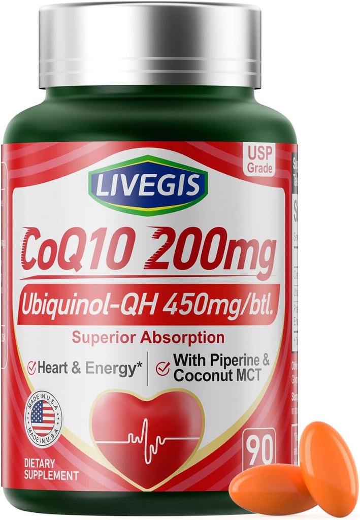 CoQ10 200mg Softgels, Ultra CoQ10 Ubichinonă 200mgCu ulei de cocos MCT, 5X Absorbţie superioară, Coenzime Q10 Supliment pentru Heart Health & Energy - 90 Conte