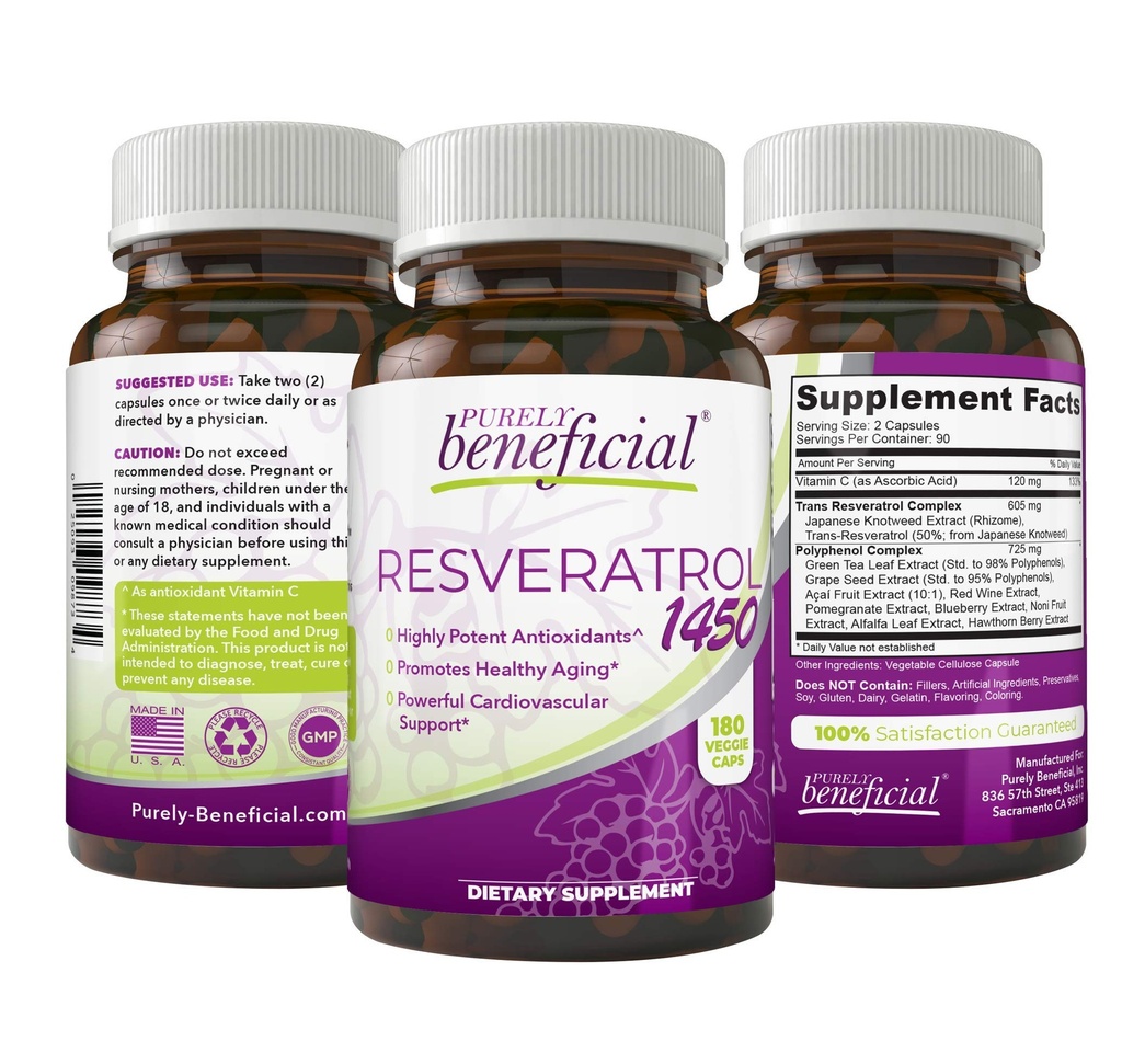 REVERATROL 1450-90 zile benefice pure de aprovizionare, 1450 mg per servire de antioxidanţi potenţi şi trans-reveratrol, promovează anti-îmbătrânire, suport cardiovascular, beneficii maxime (1 flacon)