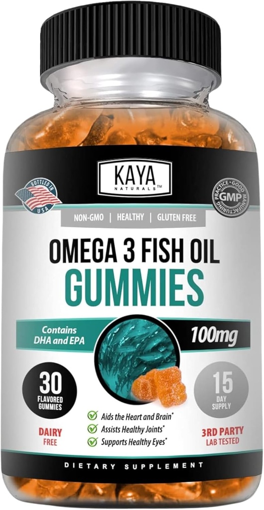 Kaya Naturals Omega 3 Gume de ulei de pește - supliment de ulei de pește cu acid gras EPA & DHA DHA - ajută la susținerea creierului, ochi, Heart Health & Imunity Support - Non-GMO - 30 Conte