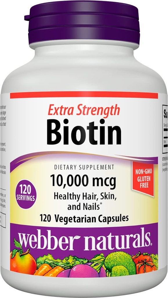 Webber Naturals Biotin 10.000 mcg, Extra Putere, 120 capsule, Sanatos par, Piele & unghii, Supliment de vitamine, Vegan